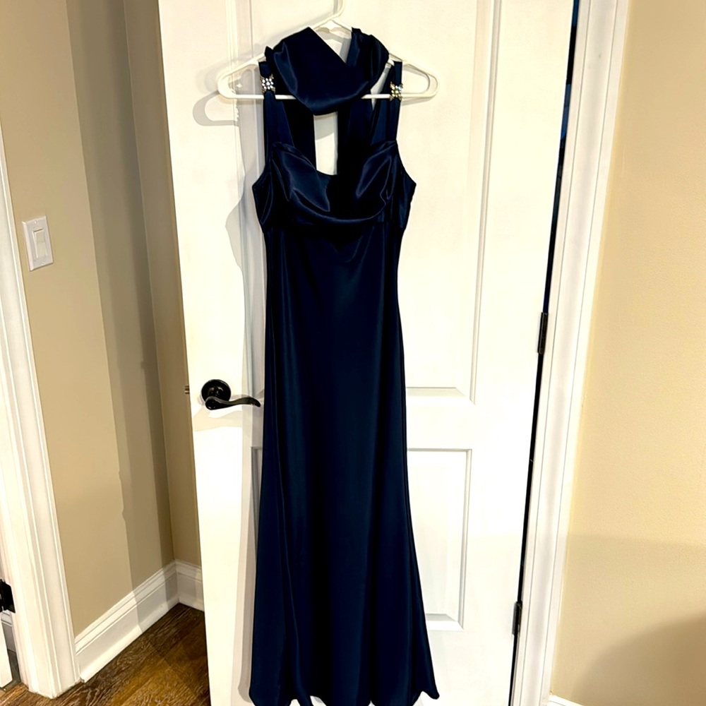 Royal blue formal gown, floor length, size medium, worn once, like new